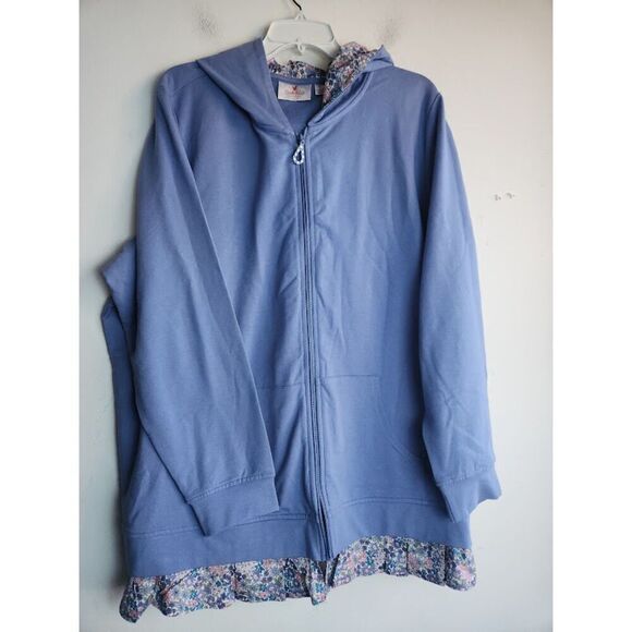 Quacker Factory Women Blue Full Zip w/Floral Hem Cotton Hoodie Sweater size 2X - Picture 1 of 10